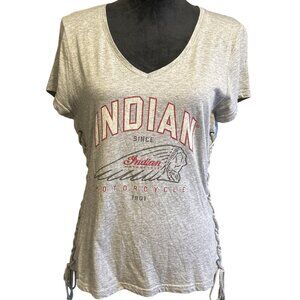 Indian Motorcycle Womens Lace-Up Side Gray V-Neck T-Shirt Medium Cotton/Poly Ble